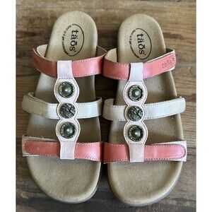 Taos Prize 4 Coral Leather Copper Medallion Adjustable Hook & Loop Sandals Sz 10